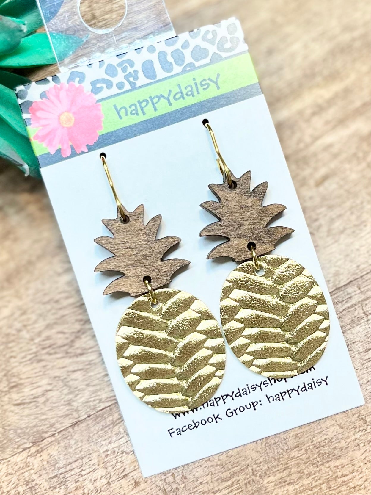 Pineapple Gold Braid Embossed Metallic Leather Summer Earrings - Wood Topper