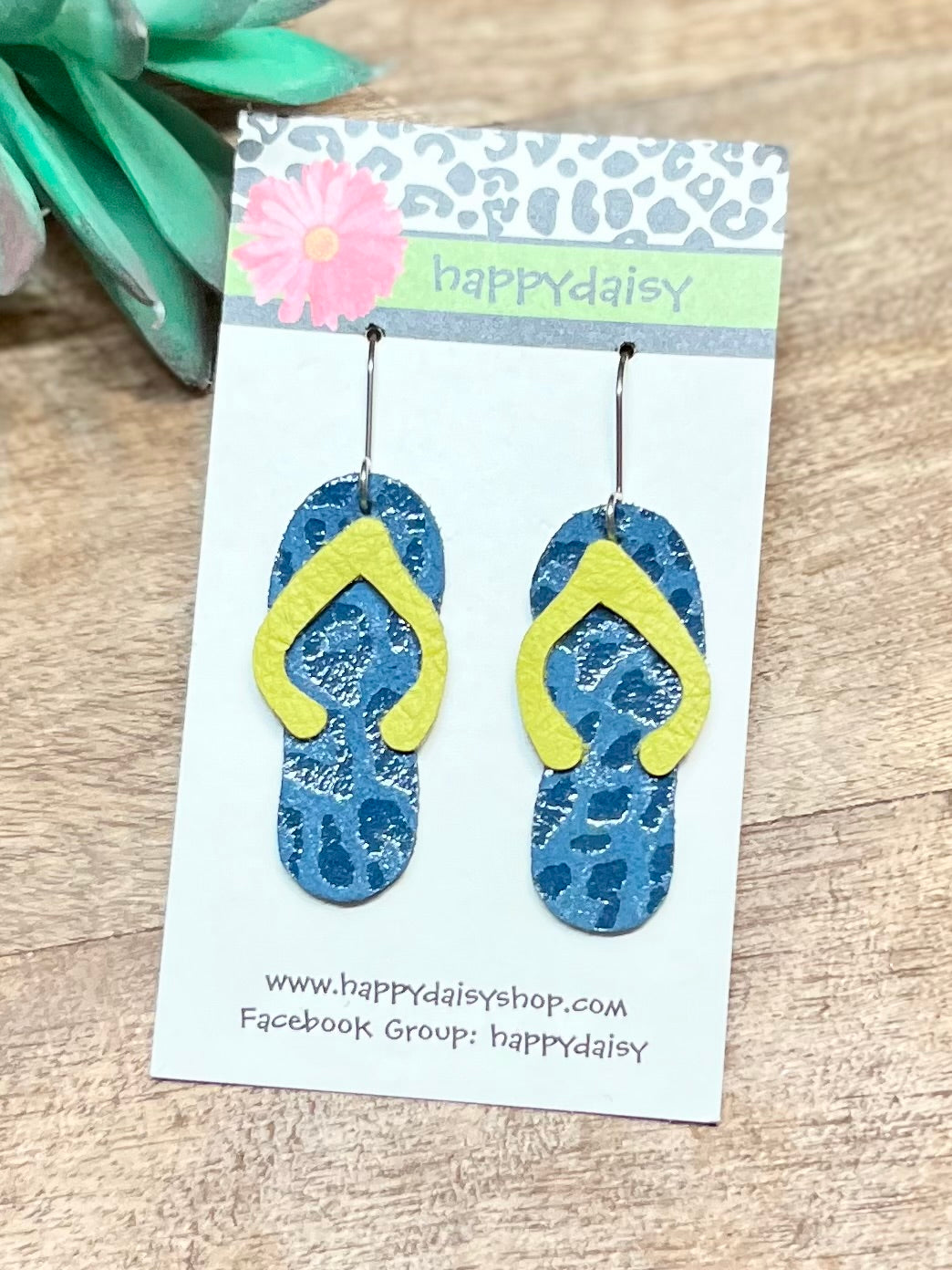 Flip Flop Green on Teal Animal Print Leather Summer Earrings