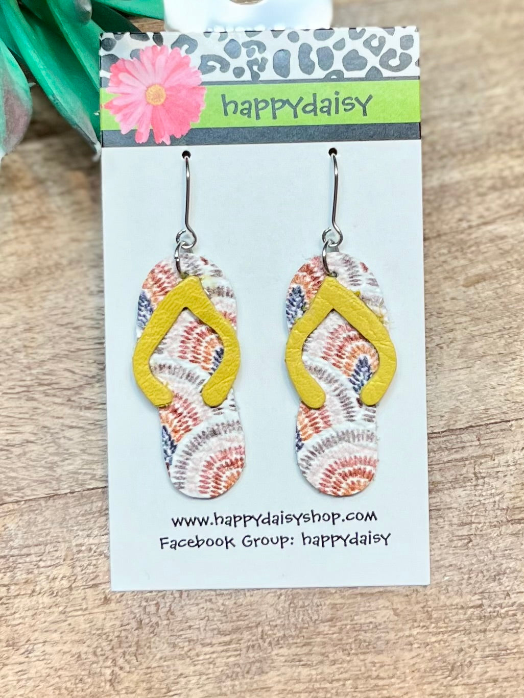 Flip Flop Yellow and Boho Neutral Rainbow Print Leather Summer Earrings