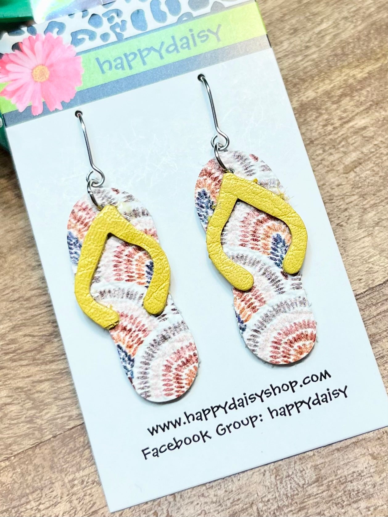 Flip Flop Yellow and Boho Neutral Rainbow Print Leather Summer Earrings