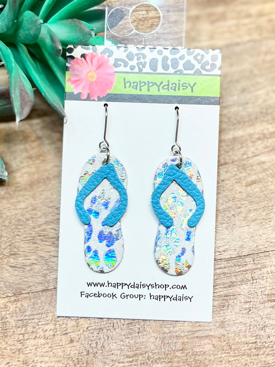 Flip Flop Turquoise and Silver Iridescent Animal Print Leather Summer Earrings