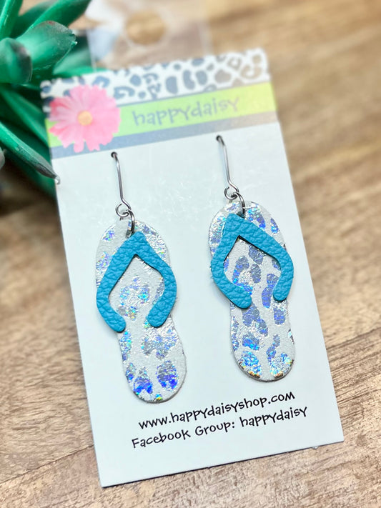 Flip Flop Turquoise and Silver Iridescent Animal Print Leather Summer Earrings