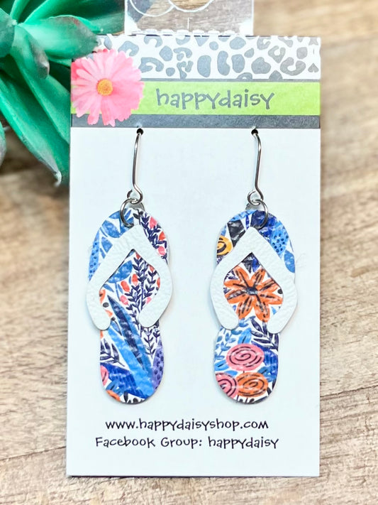 Flip Flop White and Blue Floral Print Leather Summer Earrings