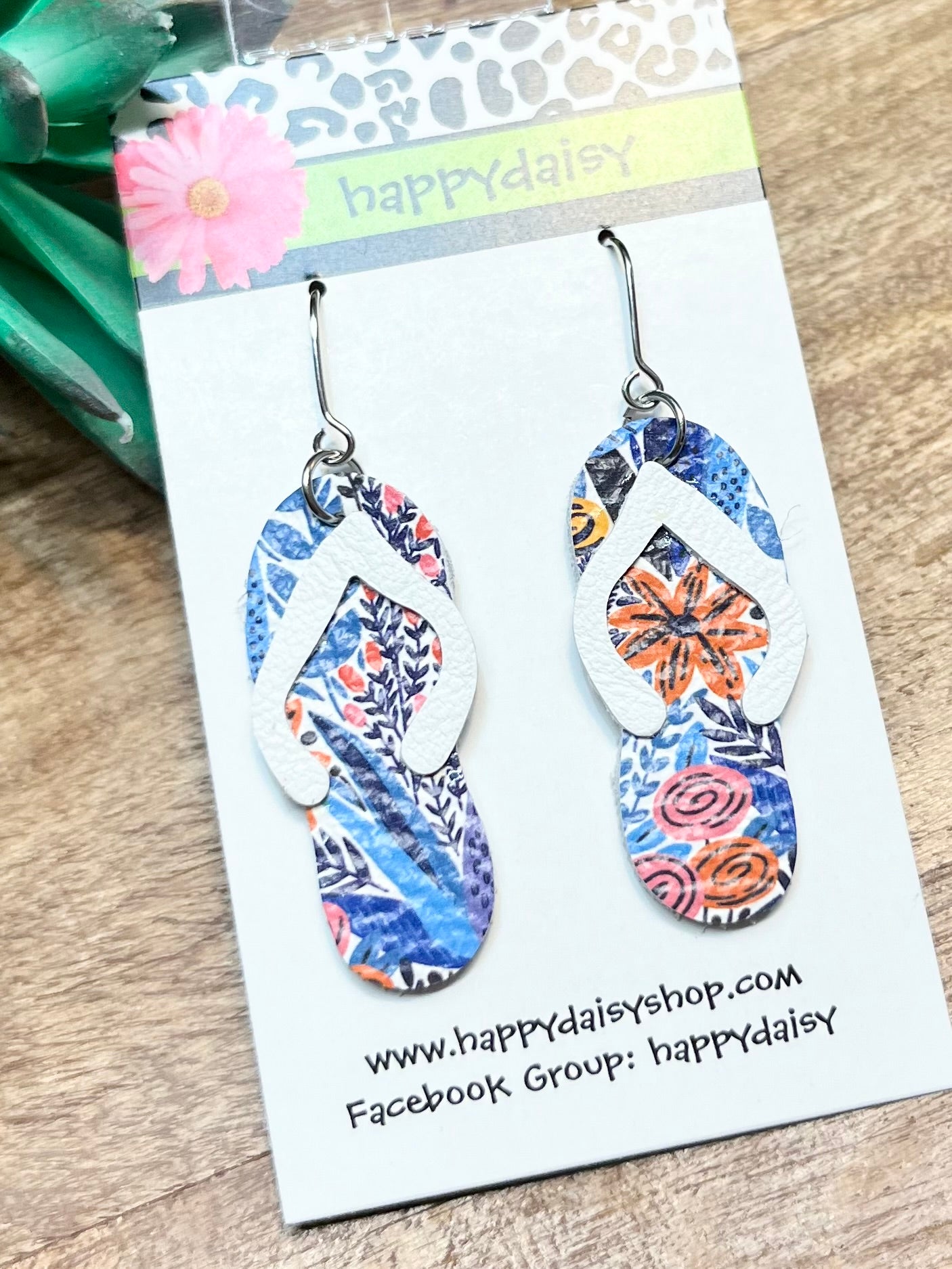 Flip Flop White and Blue Floral Print Leather Summer Earrings