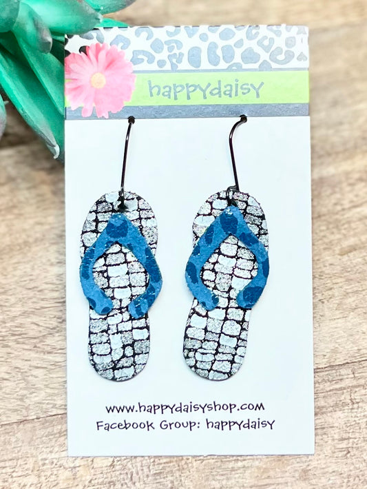 Flip Flop Teal, Silver, and Black Leather Summer Earrings