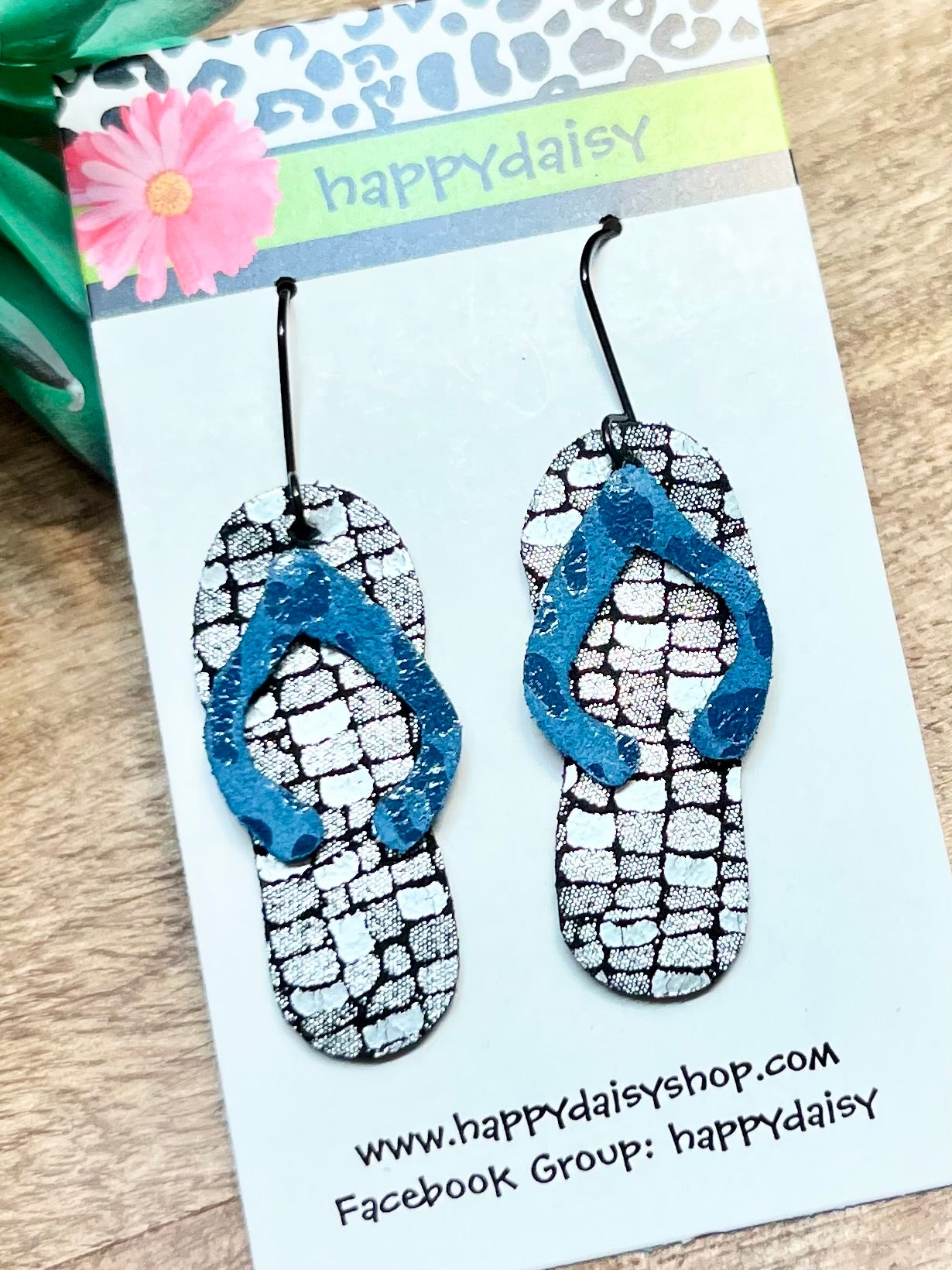 Flip Flop Teal, Silver, and Black Leather Summer Earrings