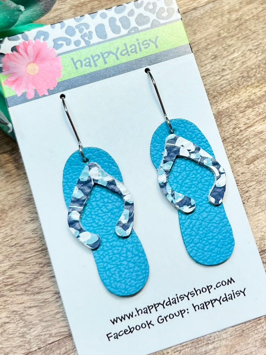 Flip Flop Turquoise, Blue, White Leather Summer Earrings