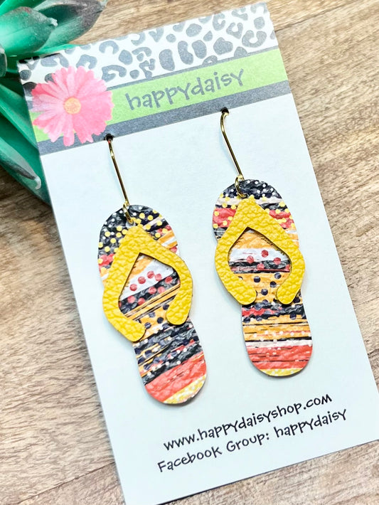 Flip Flop Orange, Navy, Yellow, White Leather Summer Earrings