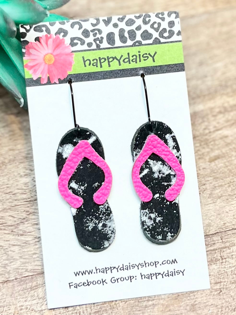 Flip Flop Hot Pink, Black, White Leather Summer Earrings