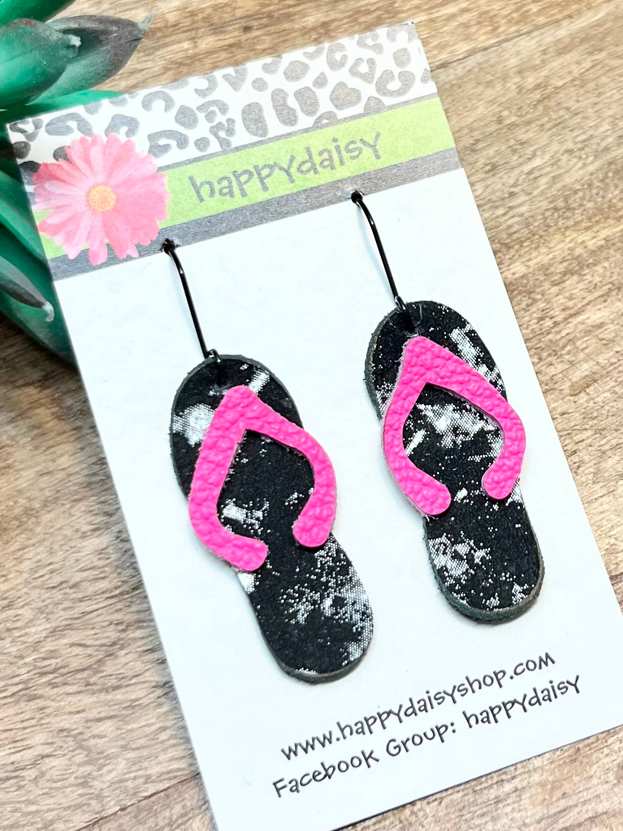 Flip Flop Hot Pink, Black, White Leather Summer Earrings