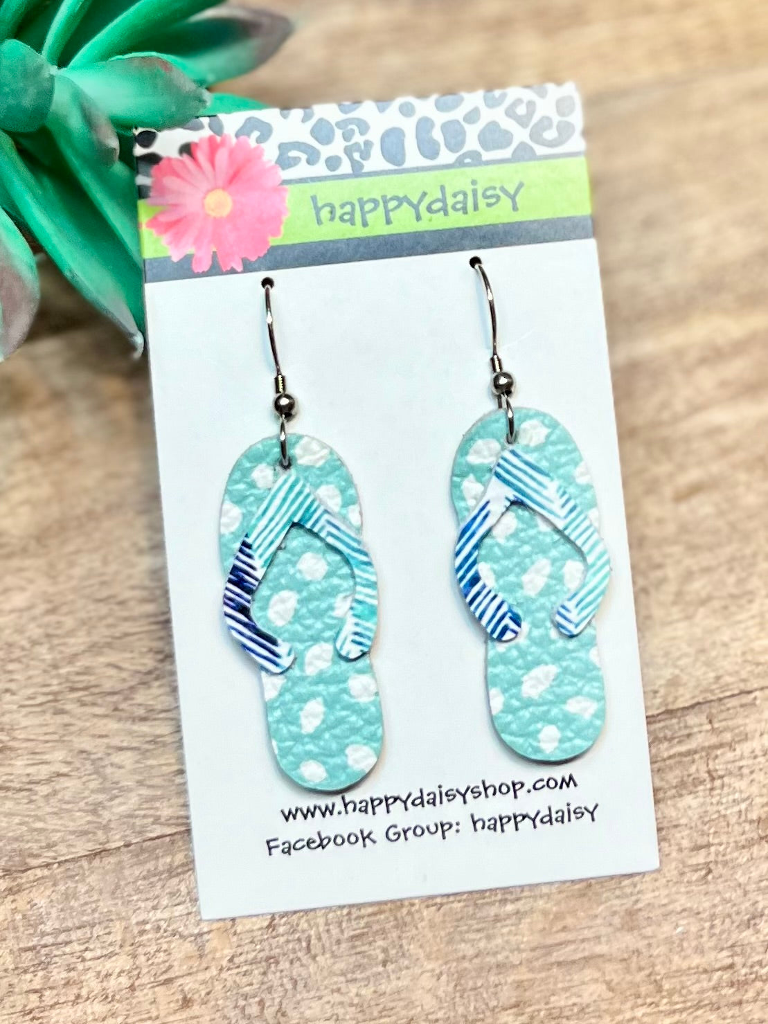 Flip Flop Mint Green, White, Blue Dots Leather Summer Earrings