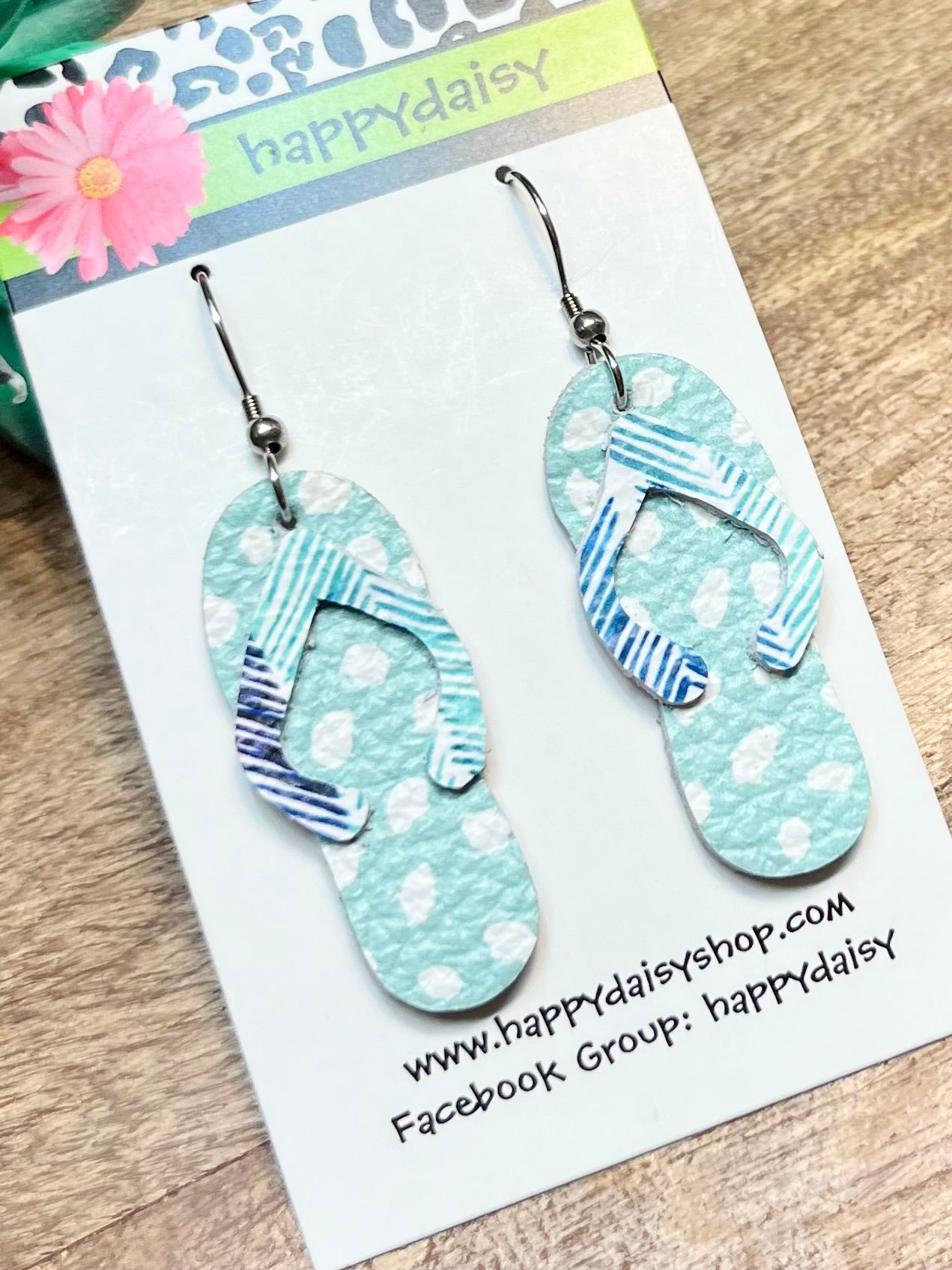 Flip Flop Mint Green, White, Blue Dots Leather Summer Earrings