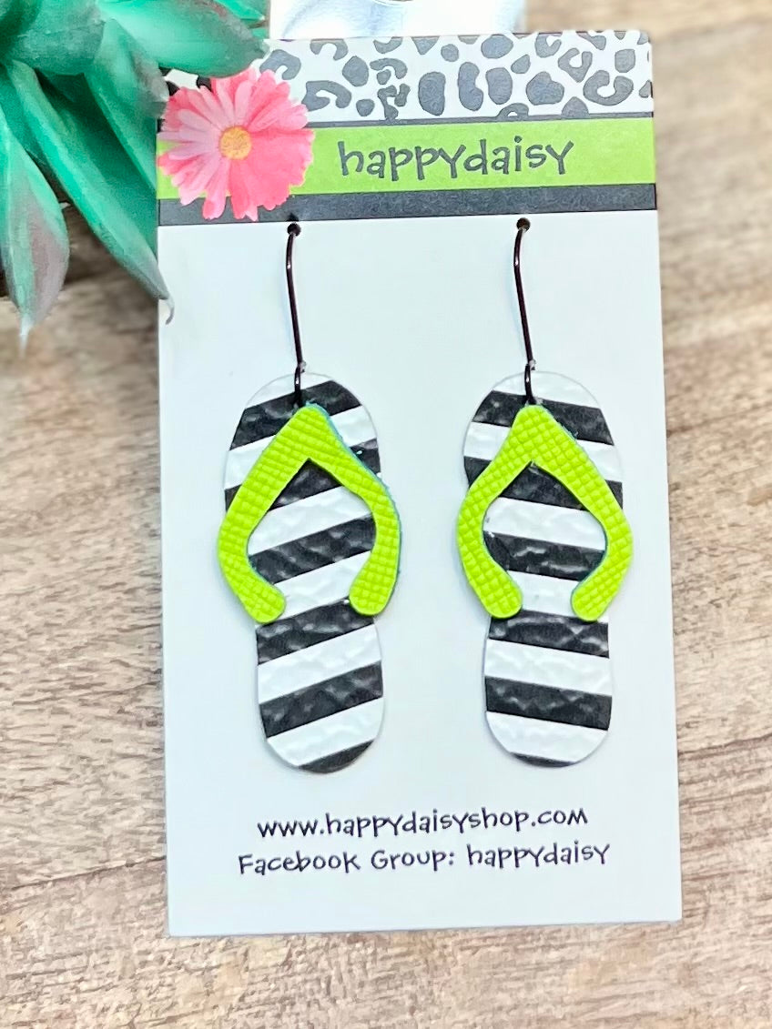 Flip Flop Neon Green, Black, White  Leather Summer Earrings