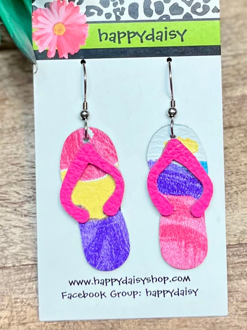 Flip Flop Multicolor Pink, Purple, Yellow, White  Leather Summer Earrings