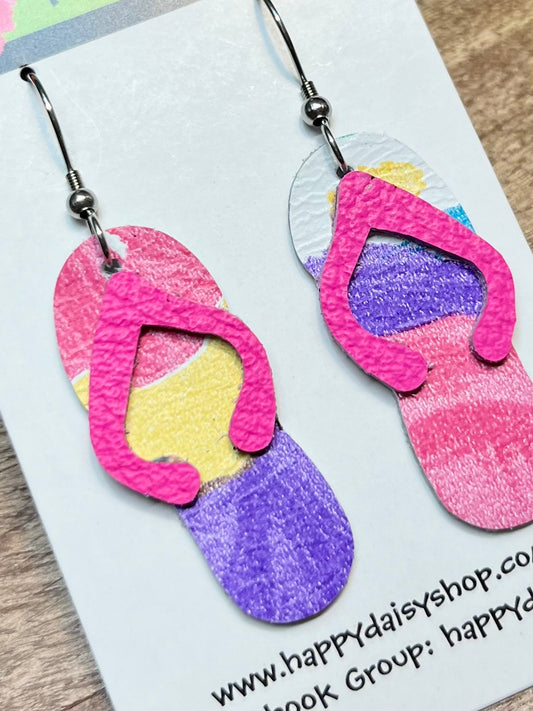 Flip Flop Multicolor Pink, Purple, Yellow, White  Leather Summer Earrings