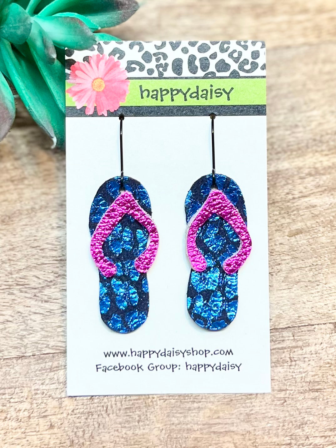 Flip Flop Pink and Blue Metallic Animal Print Leather Summer Earrings