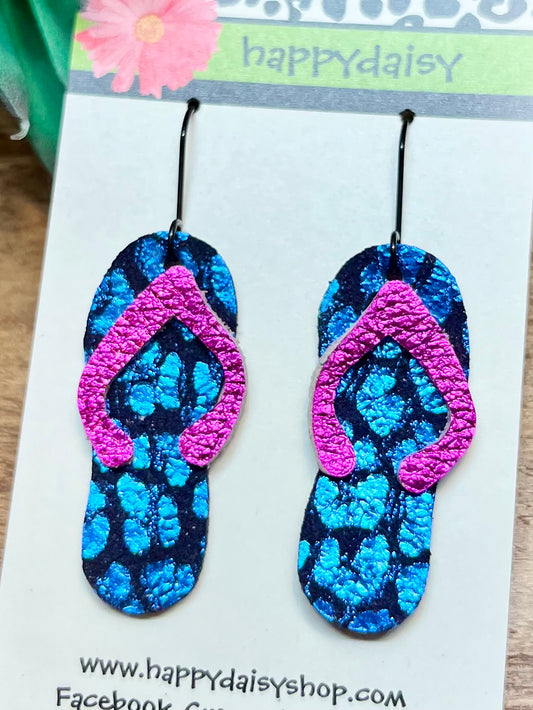 Flip Flop Pink and Blue Metallic Animal Print Leather Summer Earrings