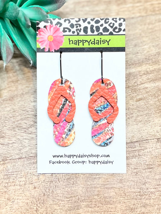 Flip Flop Orange, Pink, Multicolor Leather Summer Earrings