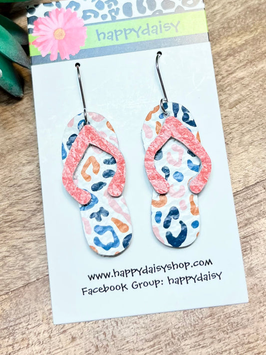 Flip Flop Multicolor Animal Print Leather Summer Earrings