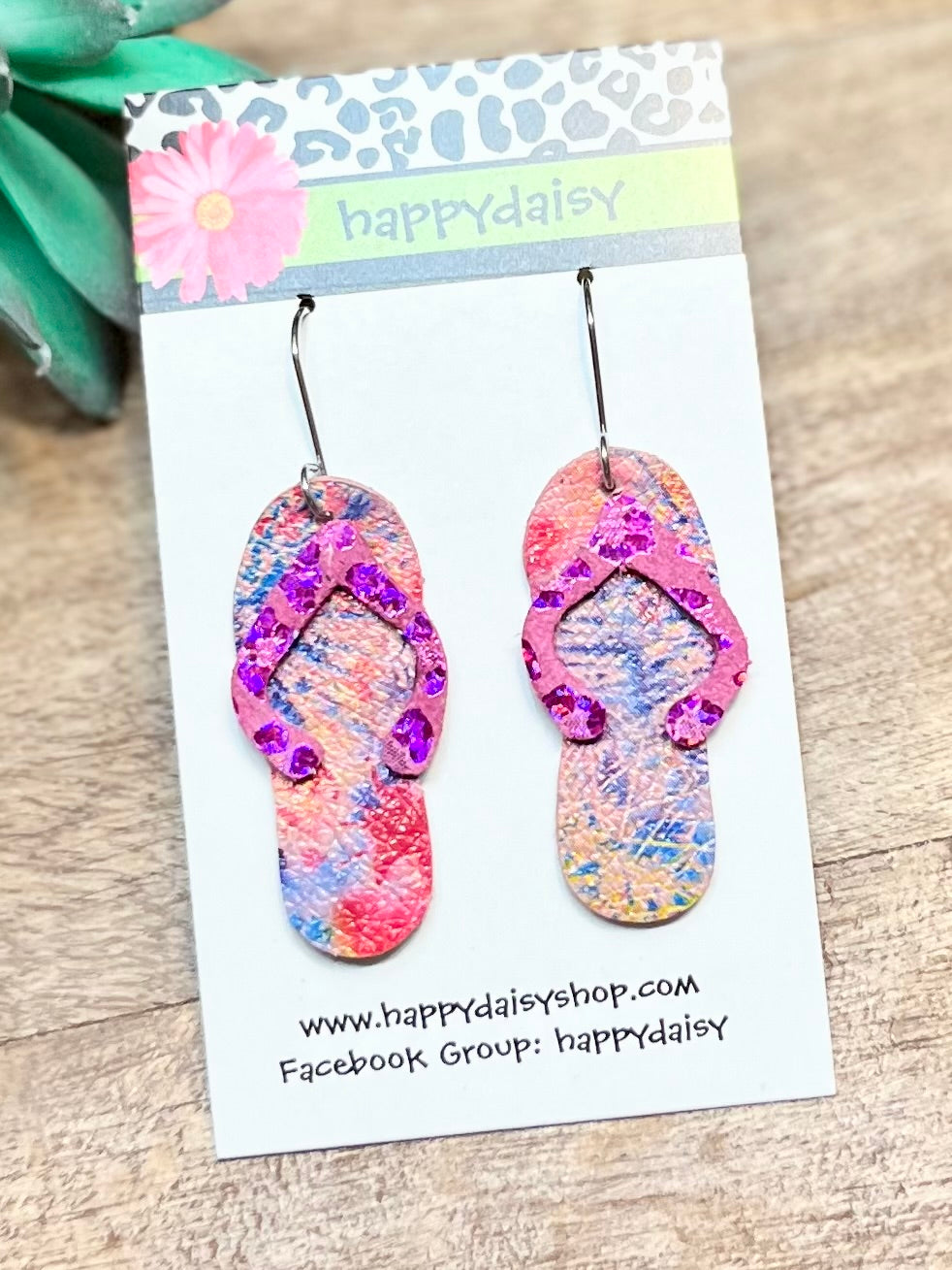 Flip Flop Pink and Blue Tie Dye Leather Summer Earrings