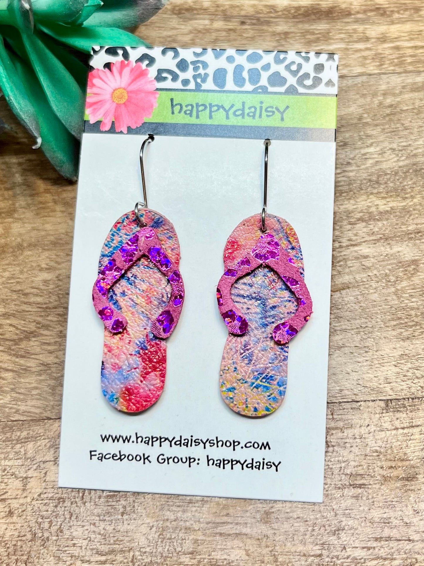 Flip Flop Pink and Blue Tie Dye Leather Summer Earrings