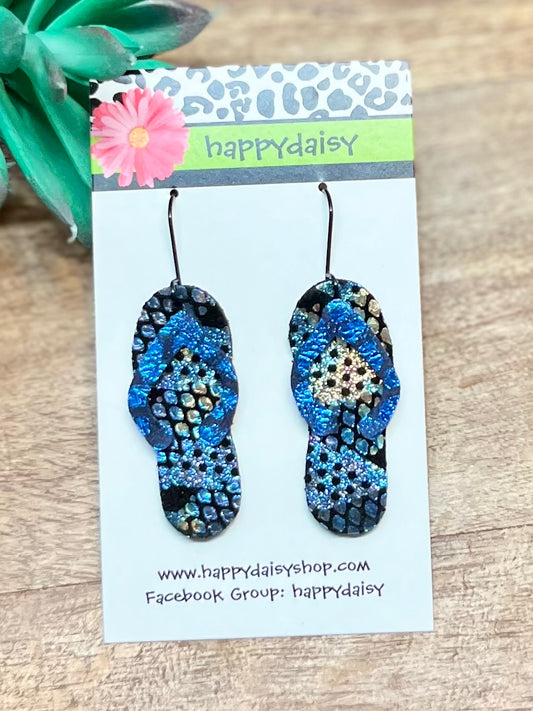 Flip Flop Blue Multicolor Metallic Leather Summer Earrings