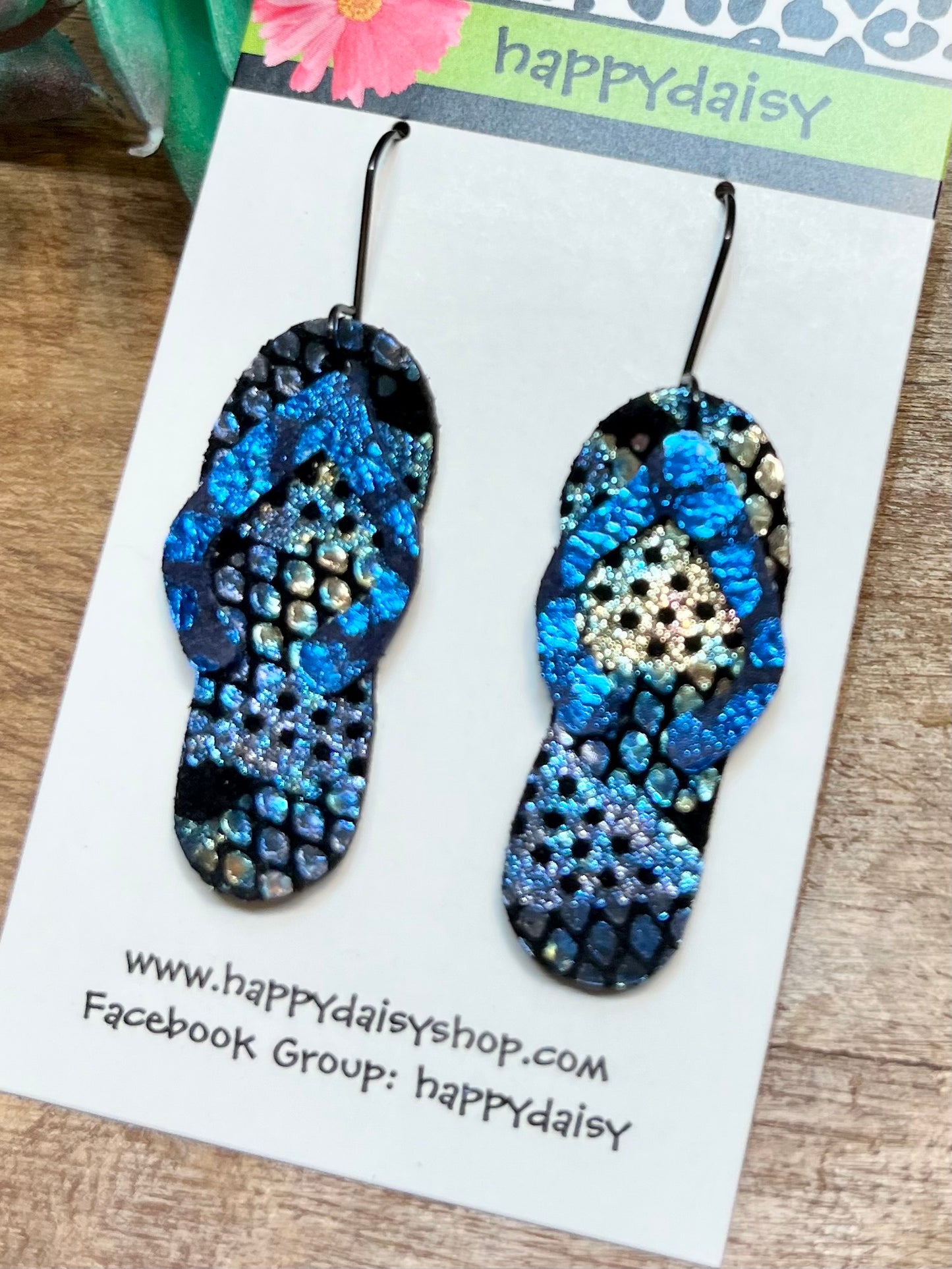 Flip Flop Blue Multicolor Metallic Leather Summer Earrings