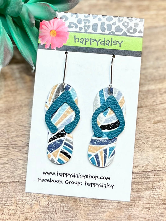 Flip Flop Teal and Navy Blue Leather Summer Earrings