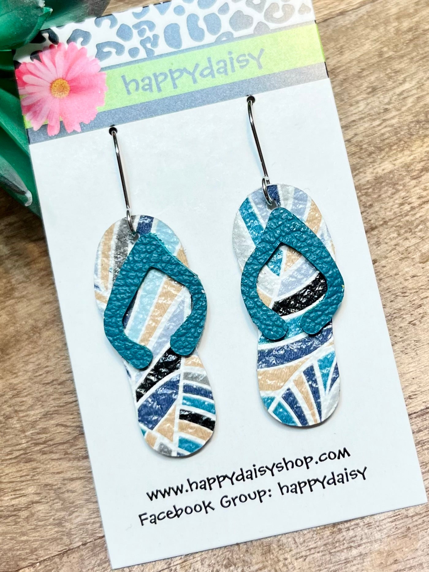 Flip Flop Teal and Navy Blue Leather Summer Earrings