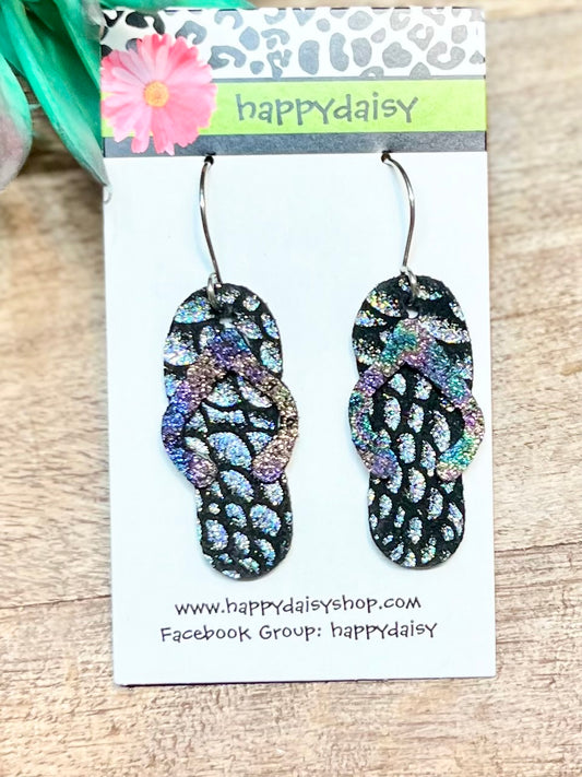 Flip Flop Silver and Multicolor Metallic Leather Summer Earrings