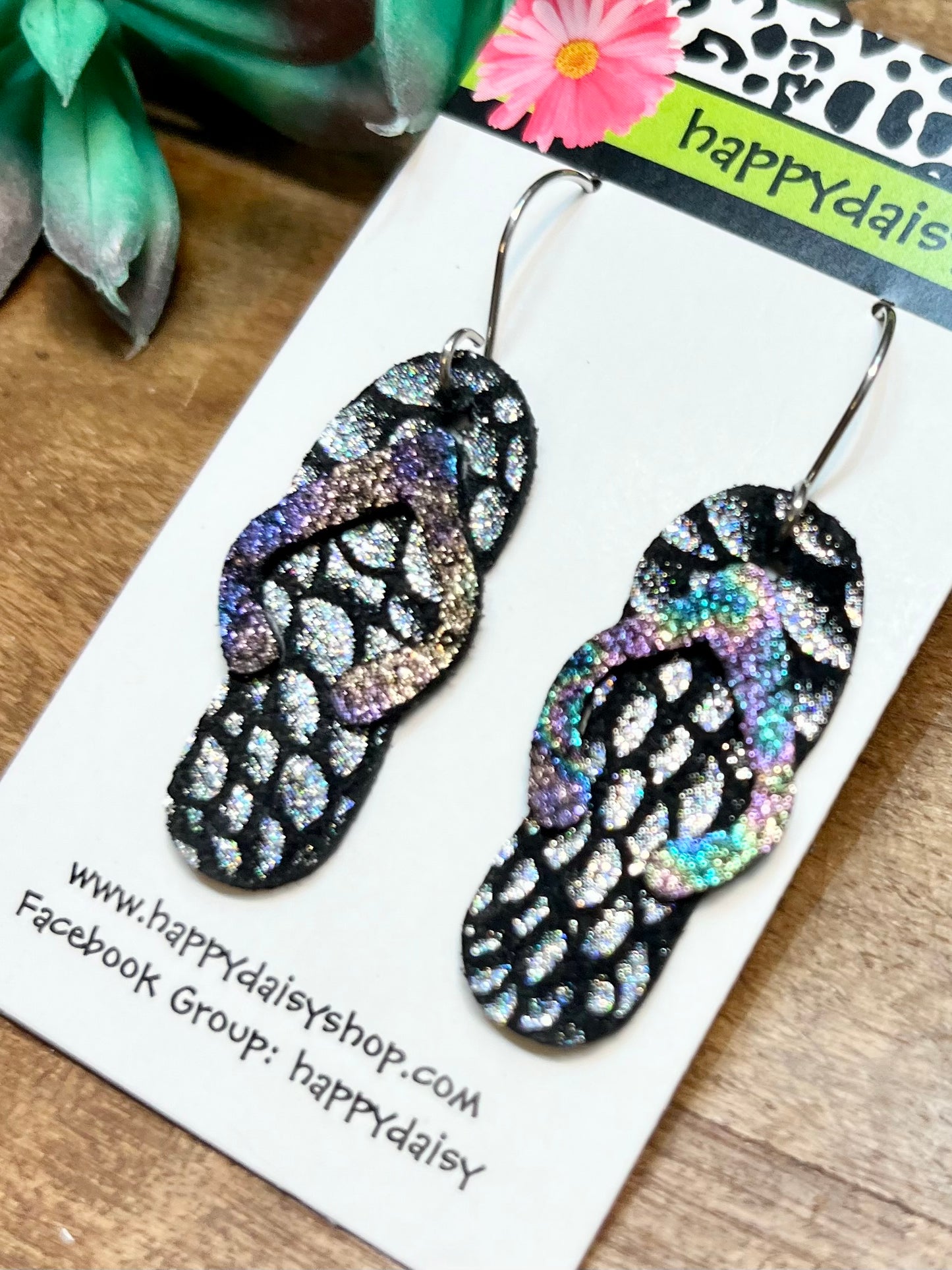 Flip Flop Silver and Multicolor Metallic Leather Summer Earrings