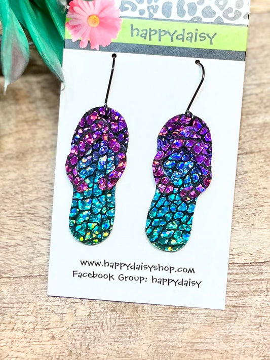 Flip Flop Pink, Purple, and Turquoise Metallic Leather Summer Earrings