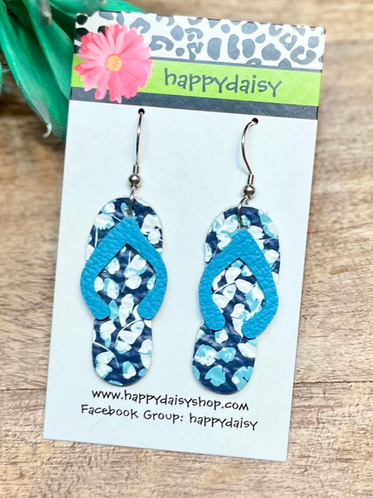 Flip Flop Turquoise and Blue Floral Print Leather Summer Earrings