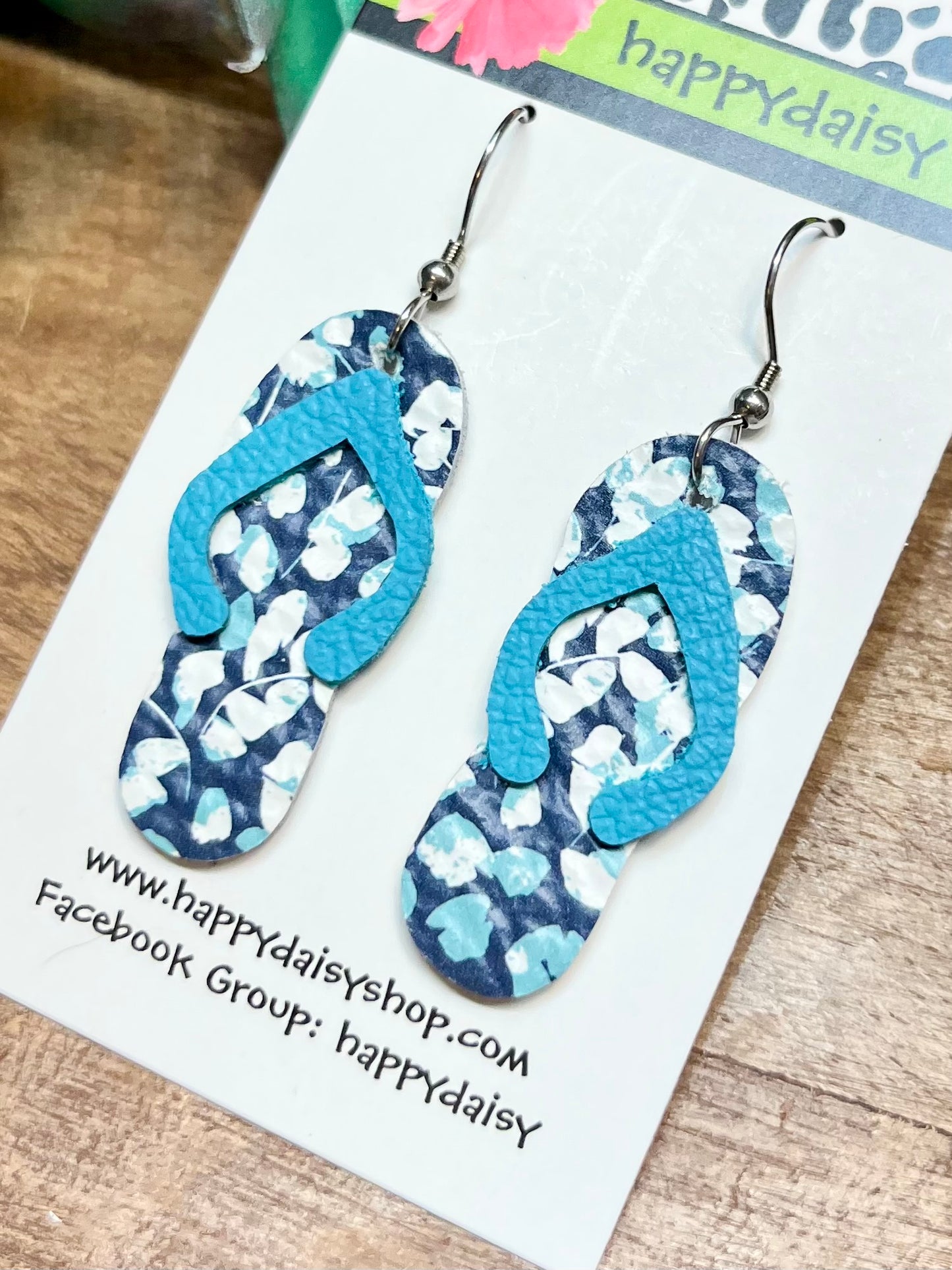 Flip Flop Turquoise and Blue Floral Print Leather Summer Earrings