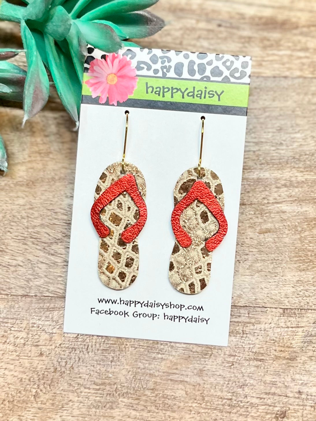 Flip Flop Red and Gold Metallic Leather Summer Earrings