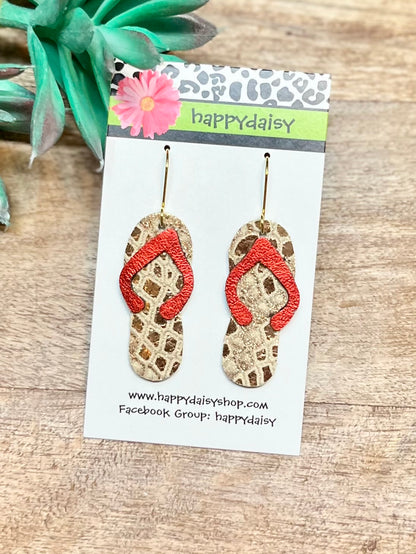 Flip Flop Red and Gold Metallic Leather Summer Earrings