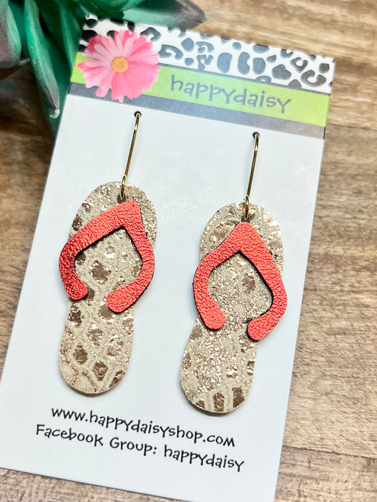 Flip Flop Red and Gold Metallic Leather Summer Earrings