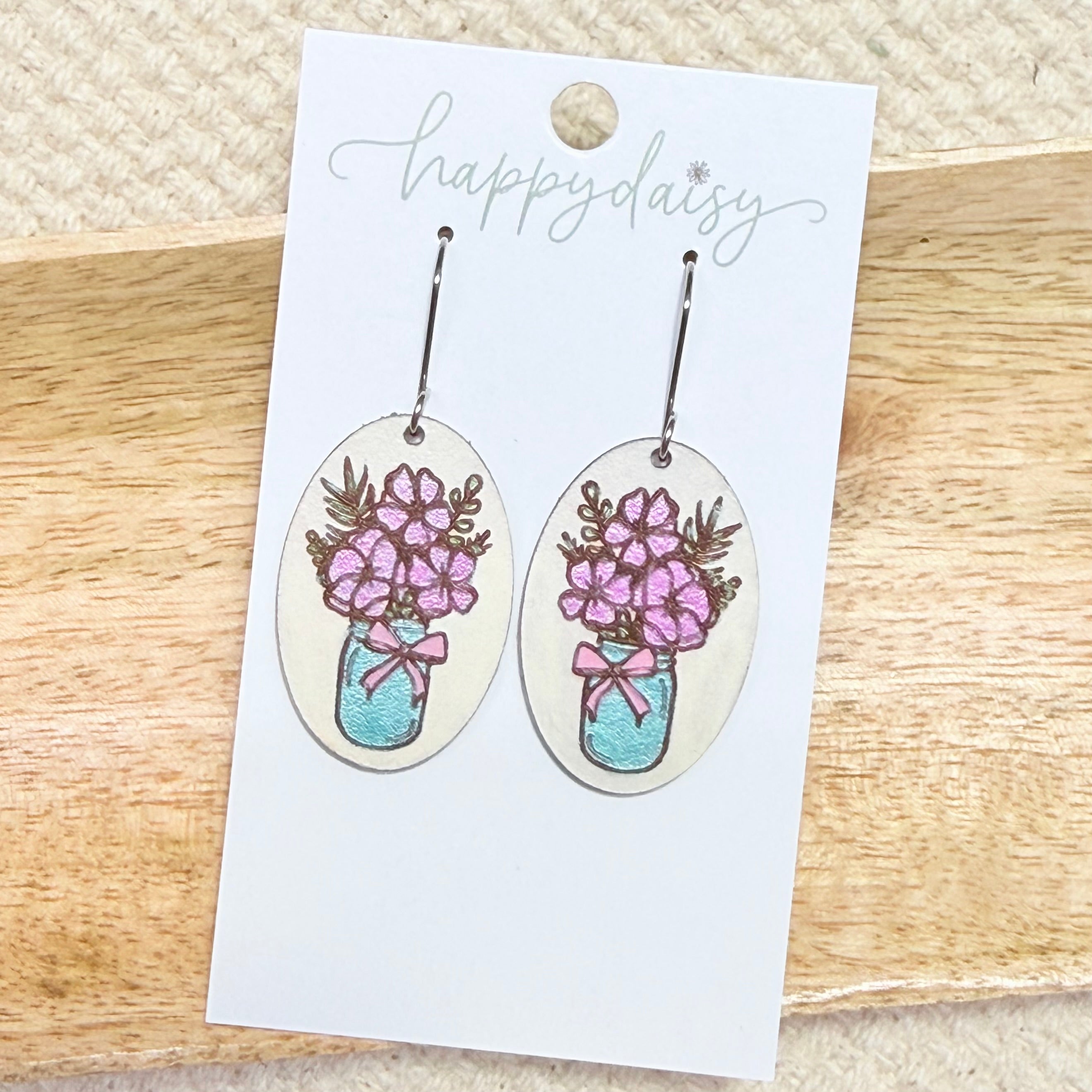 Floral Mason Jar Leather Oval Earrings