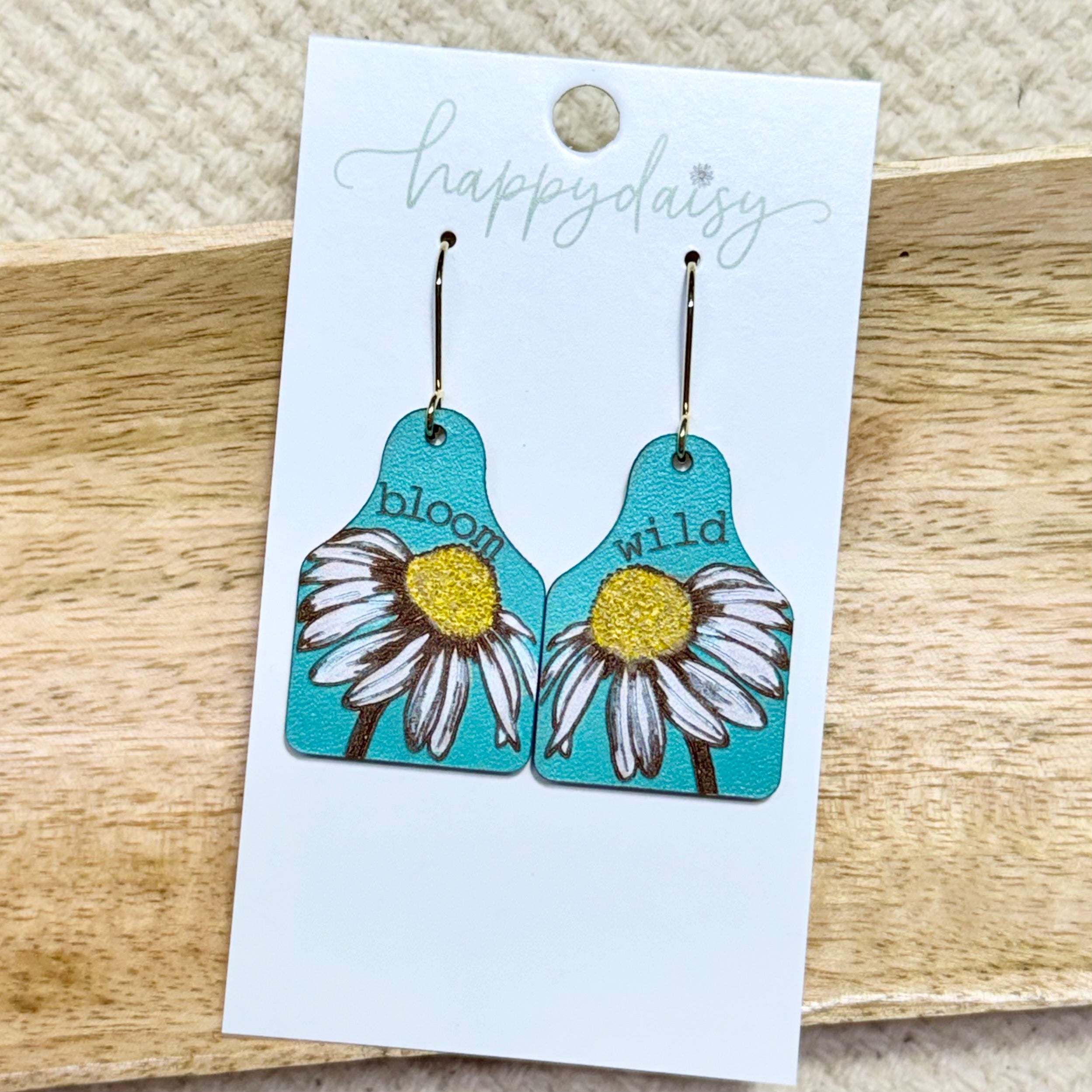 Bloom Wild Daisy Leather Cow Tag Earrings