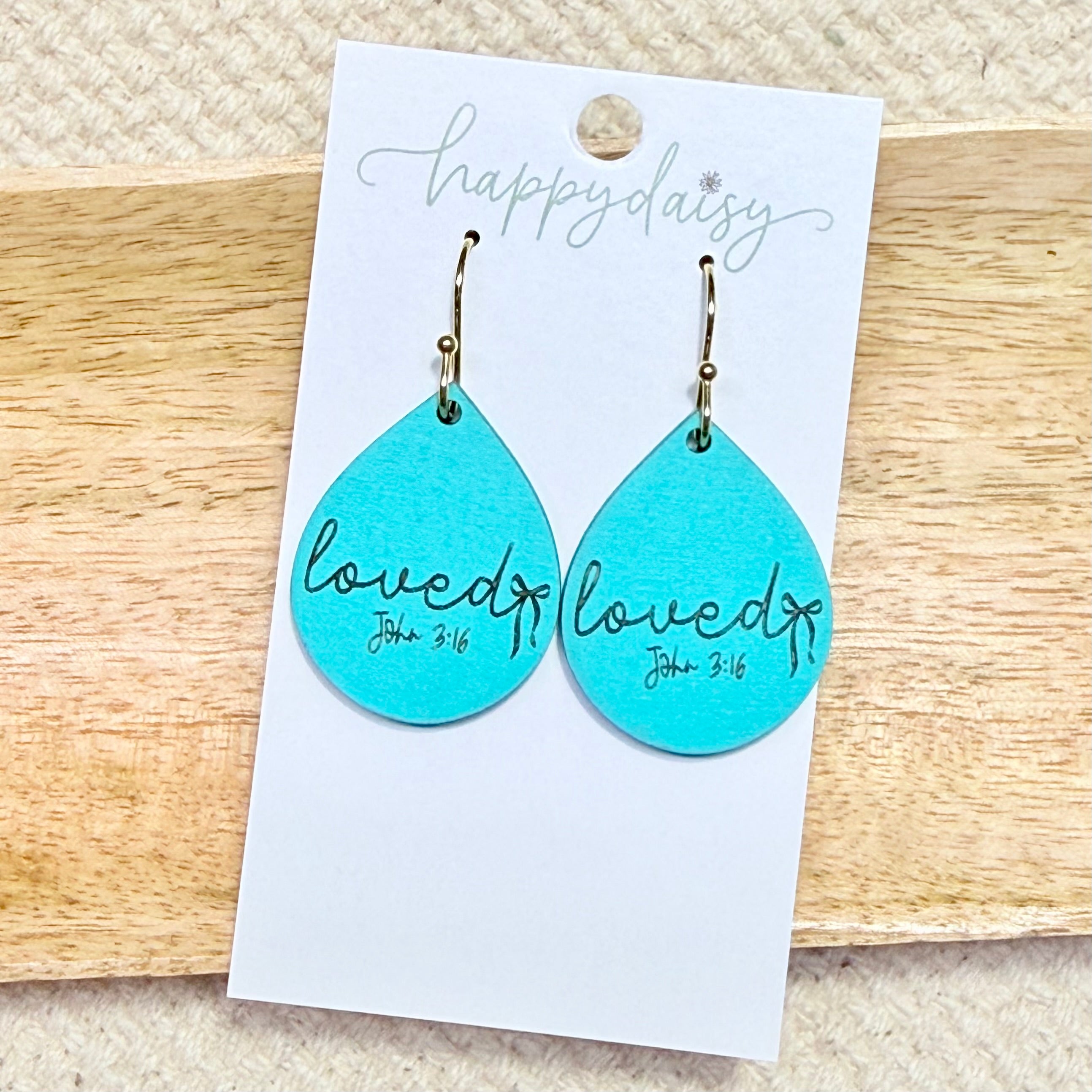 Faith Turquoise "Loved" Scripture Wood Earrings