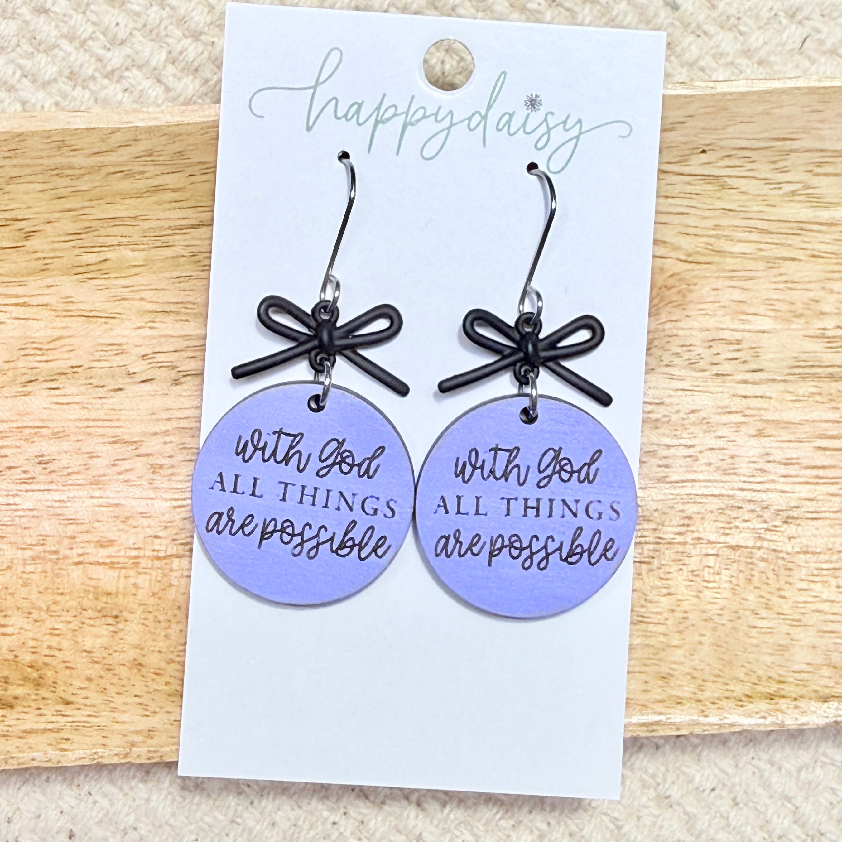 Faith Purple "With God" Scripture Wood Earrings