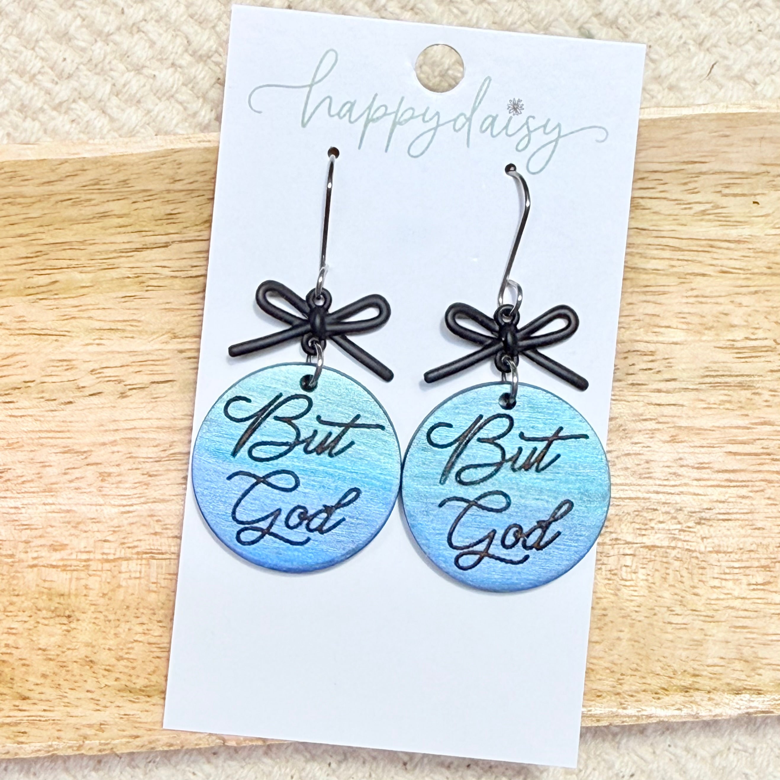 Faith Blue Ombre "But God" Scripture Wood Earrings