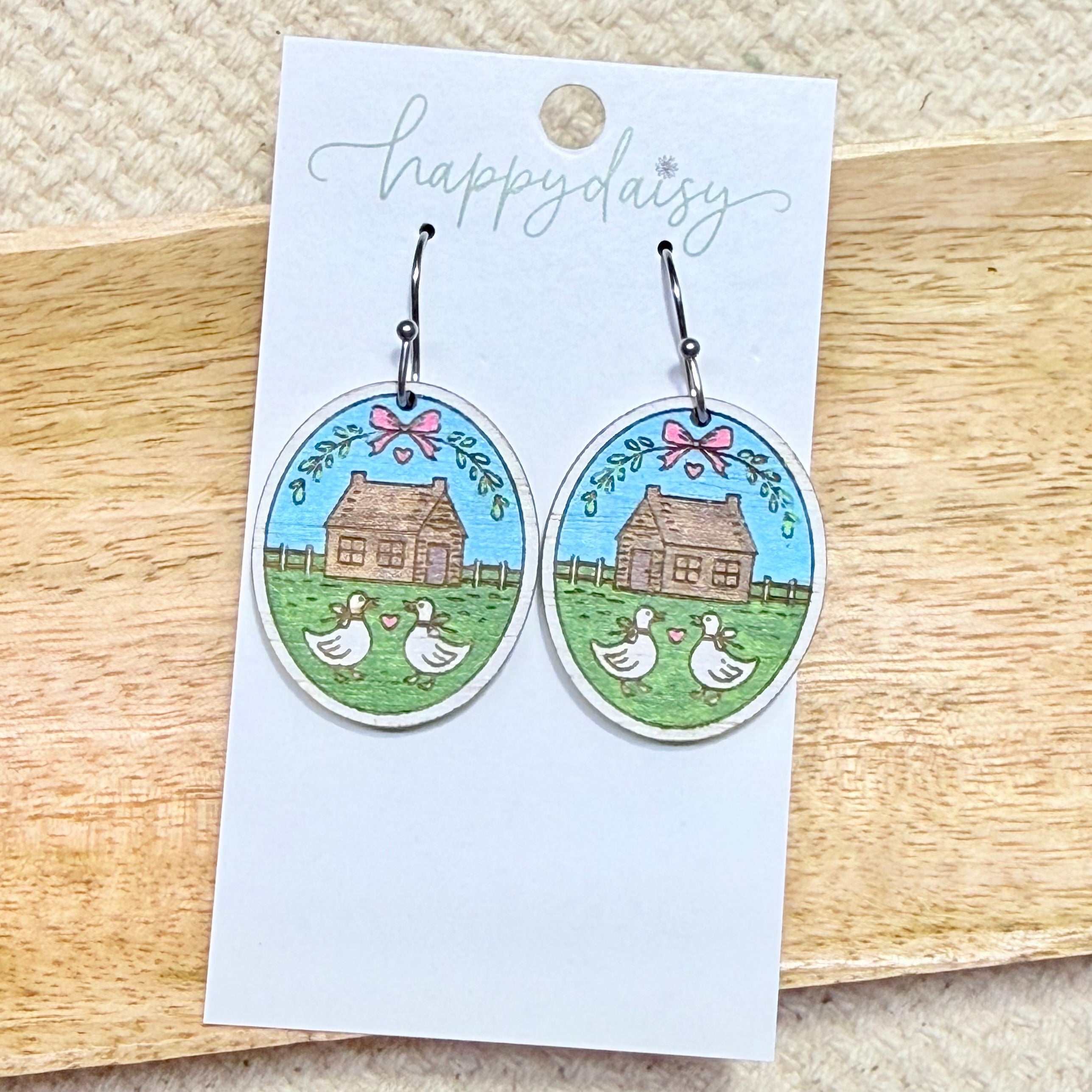 Geese Cottage Hand-Painted Wood Earrings