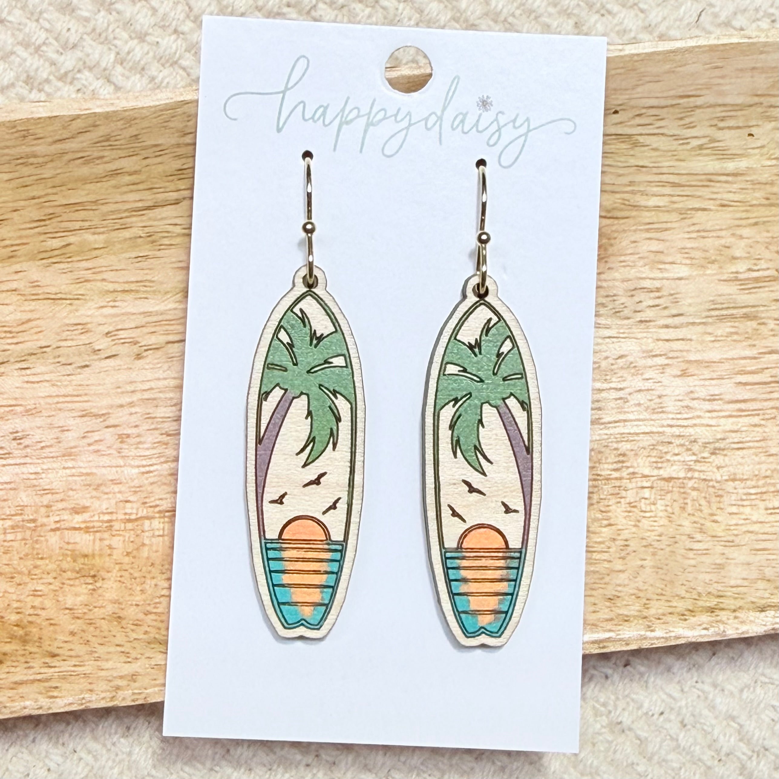 Coastal Surf Board Hand-Painted Wood Earrings