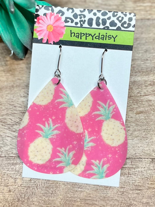 Pineapple Print Pool Jelly Pink Teardrop Waterproof Earrings