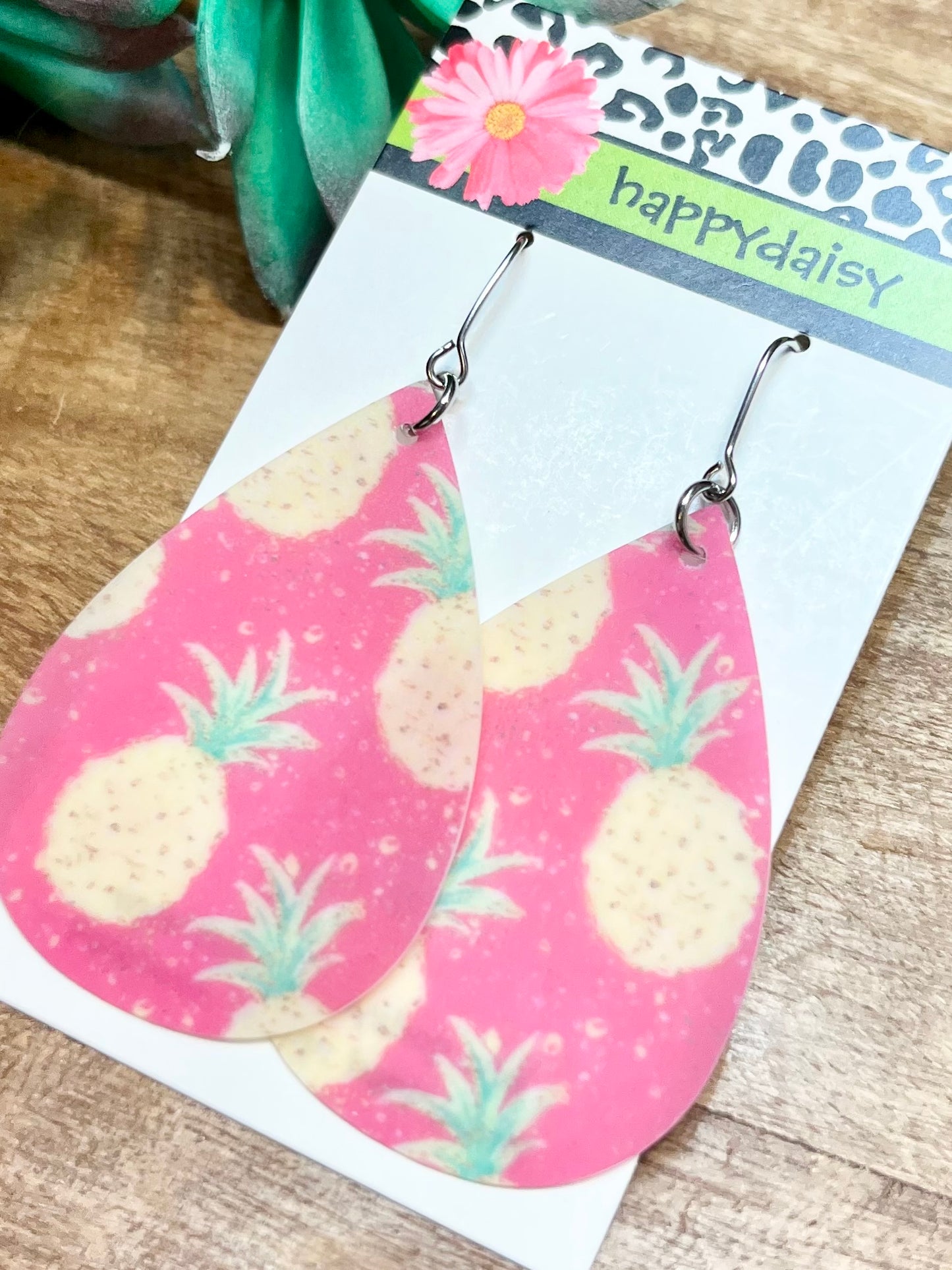 Pineapple Print Pool Jelly Pink Teardrop Waterproof Earrings