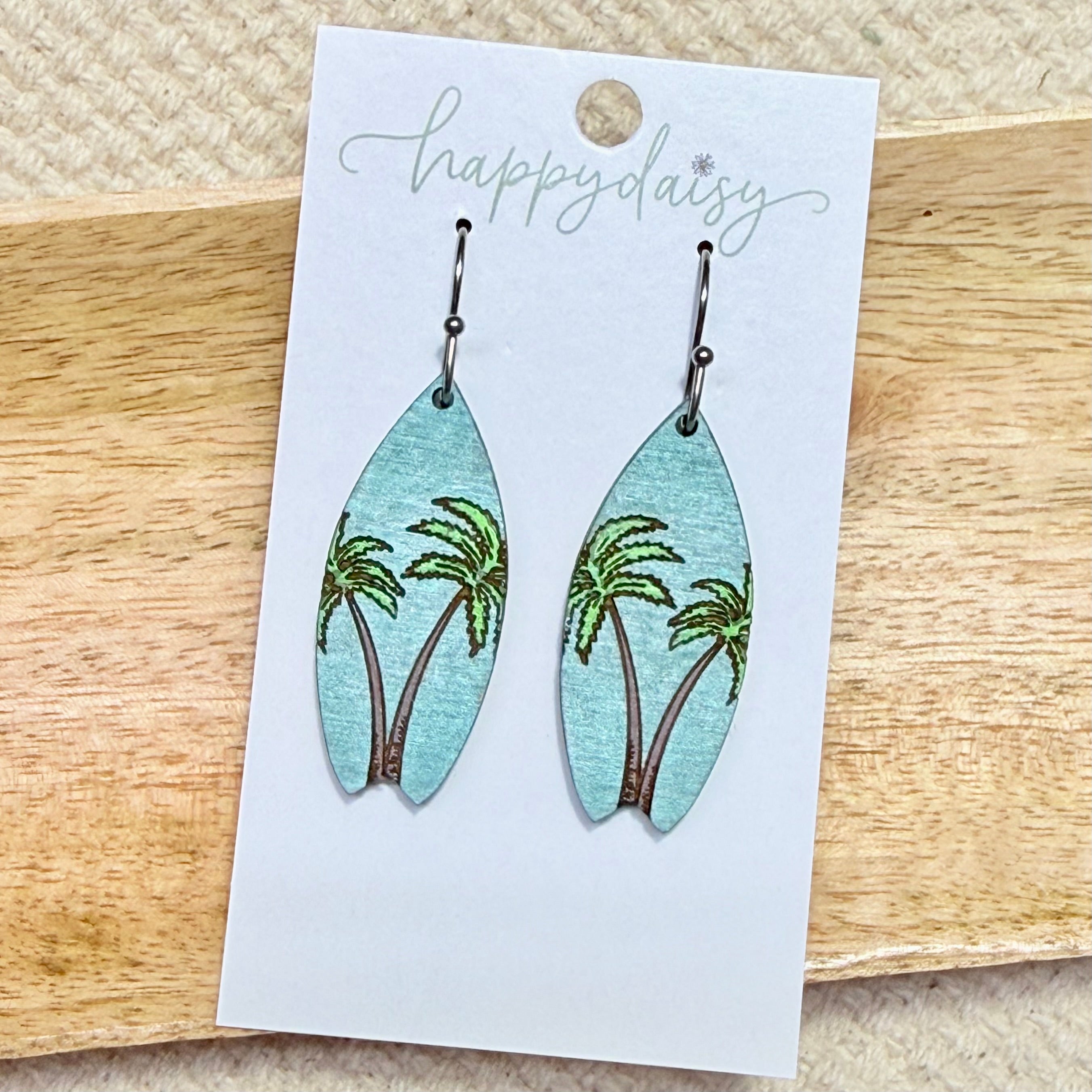 Coastal Surf Board Palms on Blue Hand-Painted Wood Earrings