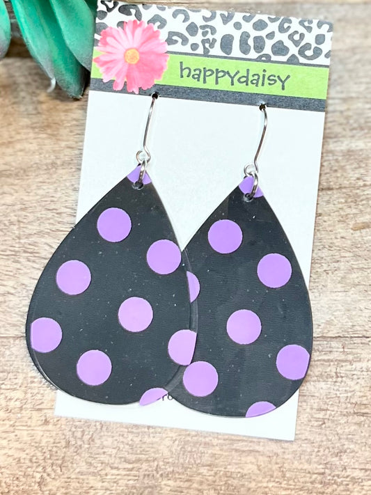 Purple Polka-Dot Pool Jelly Double Layer Black Teardrop Waterproof Earrings