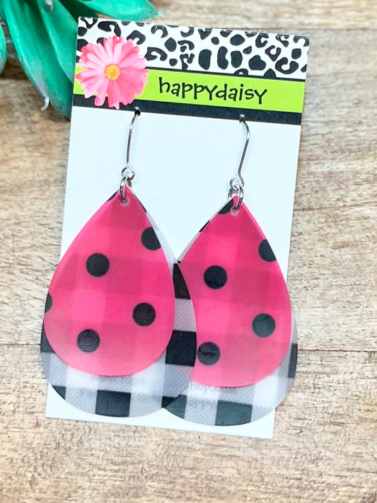 Pink and Black Polka-Dot Pool Jelly Double Layer Teardrop Waterproof Earrings