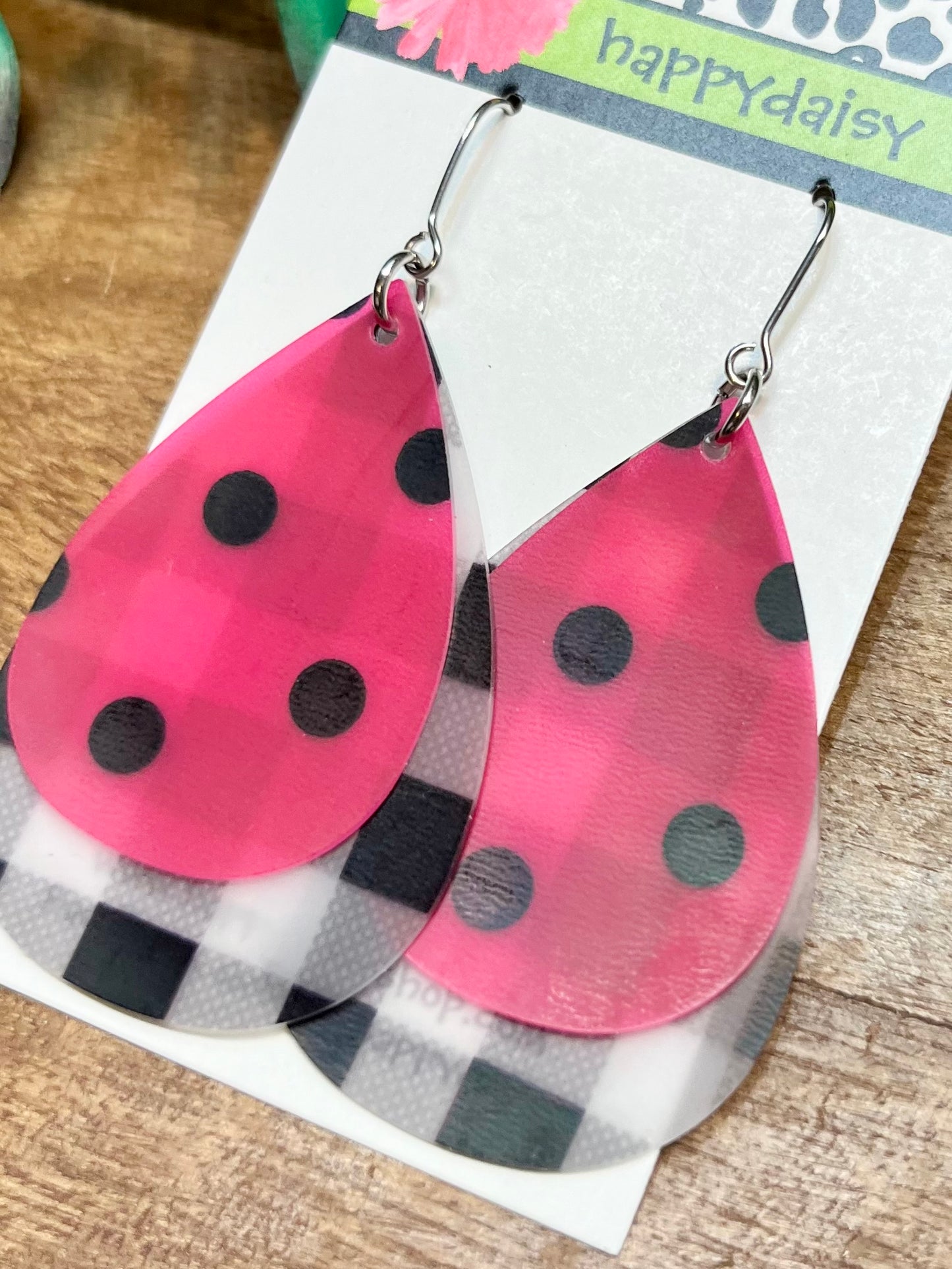 Pink and Black Polka-Dot Pool Jelly Double Layer Teardrop Waterproof Earrings